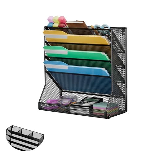 Jakyitvi File Organizer Wall Mounted 5 Tiers, Durable Adjustable Metal Vertical Hanging, Stable R-Shaped Bottom 4 Pull-Out Deviders to Sort File,Mail,Newspaper,Pen, Suitable for Office,Black - size: 5-Tire & Unilateral