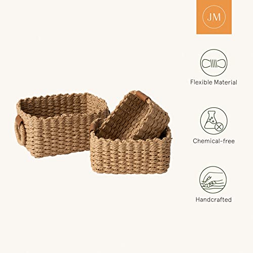 LA JOLIE MUSE Small Wicker Baskets for Organizing, Recycled Paper Rope Storage Basket Container Bins for Shelves Bathroom Cupboards Drawer, Decorative Square Basket Organizer Set of 3 - color: Desert