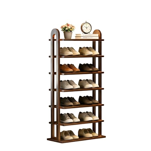 Vertical Shoe Rack - 7 Tier Tall Narrow Shoe Rack Organizer for Small Spaces, Skinny Shoe Shelf Space Saving Shoe Storage, Solid Wood Shoe Shelf for Entryway, Closet, Corner, Doorway, Walnut