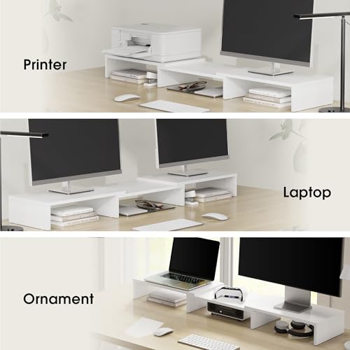 FITUEYES Dual Monitor Stand – 3 Shelf Computer Monitor Riser, Wood Desktop Stand with Adjustable Length and Angle, Desk Accessories, Office Supplies Medium White, DT108008WW - color: White
