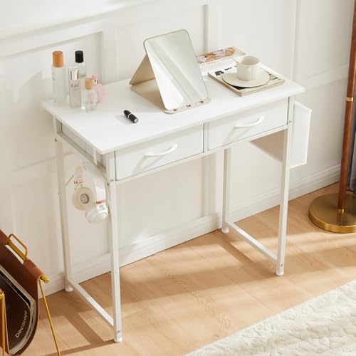 DUMOS 32" Home Office Computer Desk with Drawers, Small Gaming Writing Study Table with Storage Side Bag, Headphone Hook and Adjustable Feet for Bedroom White - color: White, size: 32-In