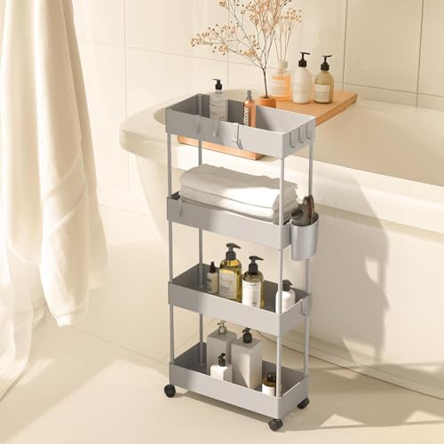 Pipishell Slim Storage Cart with Wheels, 4 Tier Bathroom Storage Organizer Rolling Utility Cart for Bathroom Kitchen Laundry Room Office Narrow Place (Gray) - color: Gray, size: 4-Tier