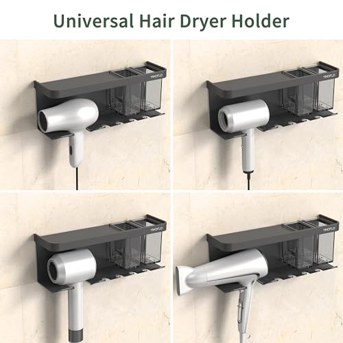 Hair Dryer Holder Wall Mounted Adhesive/Drilling, Hair Dryer Storage Organizer with Shelf & Hooks for Bathroom, Blow Dryer Holder, Hair Tool Organizer (Grey) - color: Gray