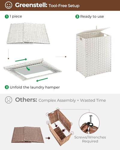 Greenstell Laundry Hamper with 2 Removable Liner Bags，90L Divided Clothes Hamper, Handwoven Synthetic Rattan Foldable Laundry Basket with Lid and Handles White (18.5 x 13.3 x 24.0Inches) - color: White, size: 90L (18.3x13.3x24.0 Inches)