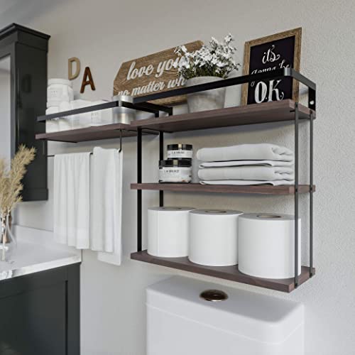 RICHER HOUSE 3+1 Tier Wall Mounted Floating Shelves Set of 2, Rustic Wood Wall Shelf with Metal Frame, Extra Storage Rack for Bathroom, Kitchen, Bedroom with Tissue Rack & Towel Bar - Rustic Brown - color: Rucstic Brown, size: 3+1 Tier Size