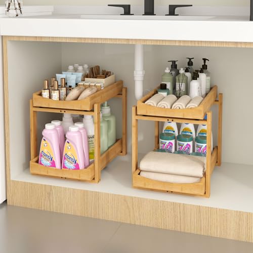 MHXW SXPN Bamboo Under Sink Organizer and Storage, Pull Out Cabinet Organization, 2 Tier Vertical Slide Out Undersink Storage Shelf, Organizer Shelves for Kitchen Bathroom Medicine (Natural, 2 Pack) - color: Natural, size: 2 Pack