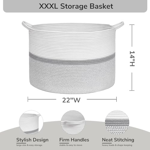 CHICVITA 85L Large Blanket Basket for Living Room, Woven Storage Baskets for Laundry Pillows Toys, Decorative Cotton Rope Basket with Handles for Bedroom Nursery, 22" x 22" x 14", Gray - color: Gray