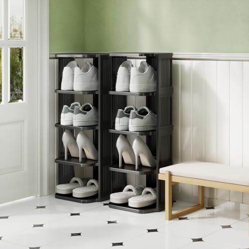 Kitstorack 10 Tiers Stackable Shoe Rack for Closet and Front Door Entrance - Free Standing Plastic Stand, Narrow Tall Vertical Organizer for Small Spaces Storage - color: Black, size: 10 Tiers