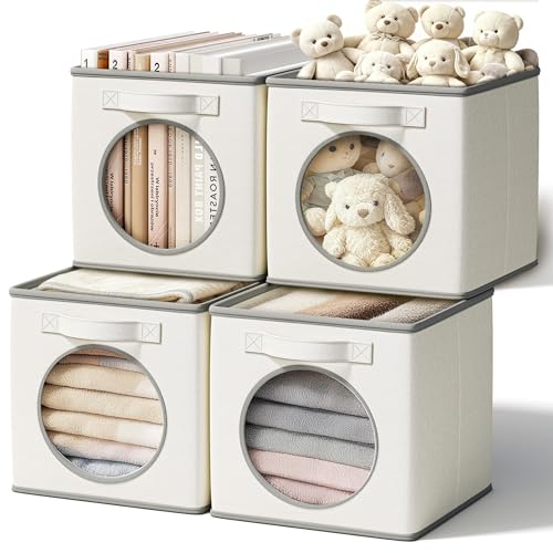 Vailando Ultra Thick Fabric Foldable Storage Cubes with Mesh Window - 13 Inch Cube Storage Organizer for Clothes, Shelves, Offices, Toys & Misc, White & Ivory, 4 Pack - color: White & Ivory, size: 4pcs-Cube 13"