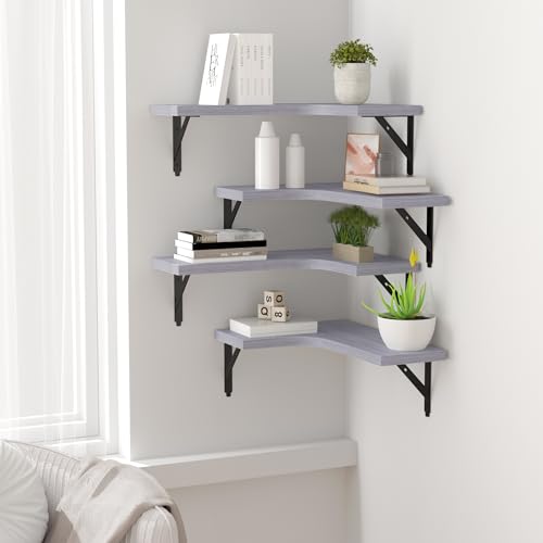 ROMGUAR CRAFT Corner Floating Shelves Wall Mounted Set of 4, Rustic Wood Storage Display Shelves for Home Decor, Bathroom, Kitchen, Bedroom, Living Room, Office (Light Grey) - color: Light Grey