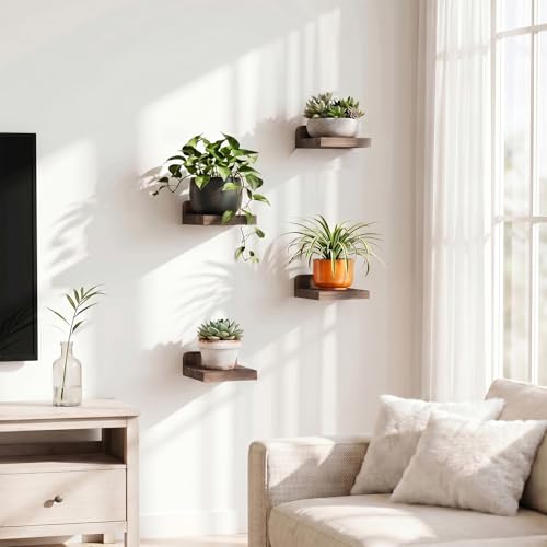 Fixwal Small Shelf for Wall, 5X5 Inches Floating Shelves Set of 4, Rustic Wood Small Wall Mounted Shelves for Bedroom, Living Room, Kitchen, Bathroom Decor (Dark Carbonized Black) - color: Dark Carbonized Black