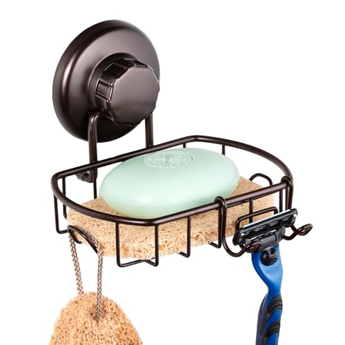 HASKO Suction Cup Soap Dish for Shower Wall, Rustproof Stainless Steel, Shower Soap Holder with Hooks, Includes Optional No Drill Adhesive Mount for Bathroom and Soap Saver, Bronze - color: Bronze