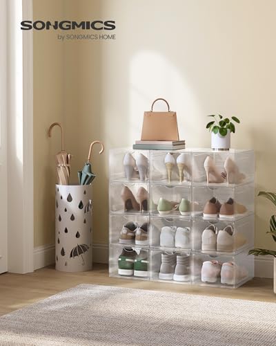 SONGMICS Shoe Boxes, Set of 12, Clear Plastic Shoe Storage, Stackable Sneaker Box, Drop Front Door, Up to US Size 11, Easy Assembly, 13 x 9.8 x 7.1 Inches, Transparent White ULSP032W12 - color: Transparent White, size: 12 Count