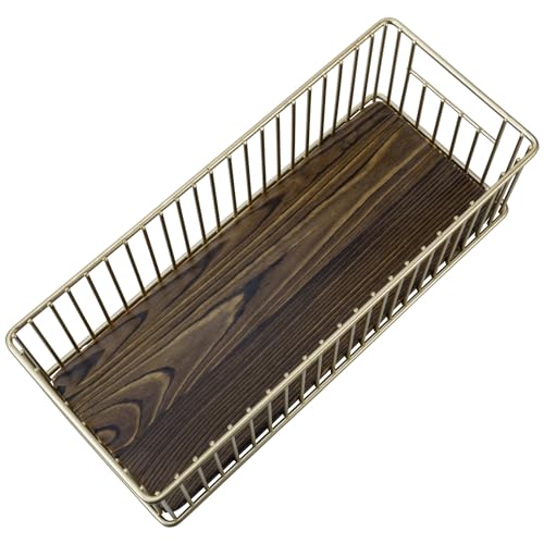 MyGift Modern Brass-Tone Metal Wire Toilet Paper Holder Basket with Rustic Burnt Solid Wood Base, Toilet Tank Topper Organizer Tray Bathroom Sink Counter Toiletries Storage - color: Brass / Burnt Wood