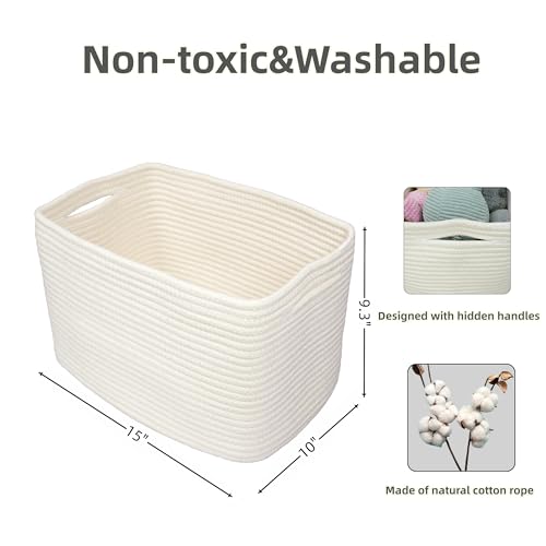 Cotton Rope storage Basket Bins Woven Basket for Organizing Shelves 15X10X9.3" Rectangle Decorative Baskets For storage Clothes Toys Books Towels Nursery basket organizer 3 pack white - color: White