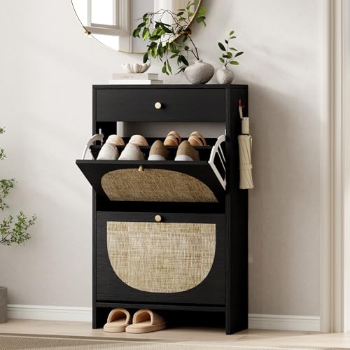Shoe Storage Cabinet for Entryway, Slim Shoe Rack with 2 Flip Drawers and Top Storage Drawer, Narrow Shoe Organizer with Arched Rattan Accent, Entryway Shoe Storage for Size 13.5 Shoes, Black - color: Ebony Black, style: 2 Flip Drawer & Top Drawer