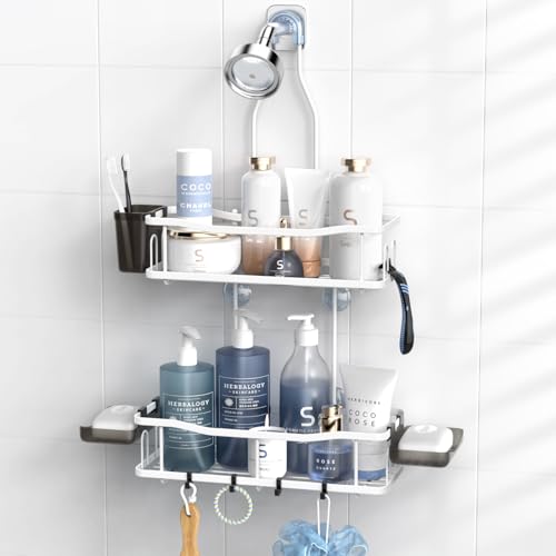 Aitatty Hanging Shower Caddy Bathroom Organizer: Rustproof Shower Shelf Racks Over Shower Head - No Drilling Inside Bath Shower Rack Shelves Over Showerhead for Shampoo with Soap Holder White - color: White