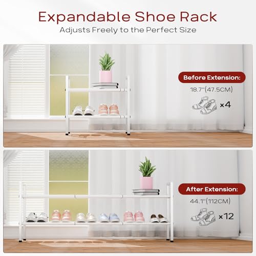 Bumusty 2-Tier Long Expandable Shoe Rack for Closet, 18"-44" Adjustable Shoe Rack for Entryway, 10-12 Pairs Large Shoe Organizer Shelf Storage, Sturdy Metal, White - color: White, size: 2-Tier