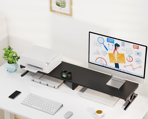 Dual Monitor Stand Riser, Large Wood Monitor Lift with Storage, Sturdy Wood&Steel Multi Screen Stand, Desktop Organizer - color: Black
