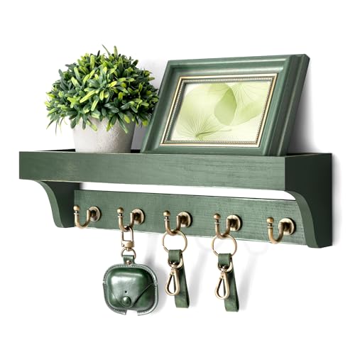 Rebee Vision Farmhouse Pine Wood Key Holder Wall Mount with Shelf for Home Improvement - Rustic Wall Mail Holder for Farmhouse Room Decor - Perfect Mail Organizer for Home (Green) - color: Green
