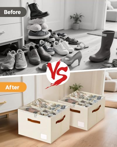 Shoe Organizer for Closet with Clear Cover, Fits up to 16 Pairs Foldable Shoe Storage Organizer Box Bin with Adjustable Dividers