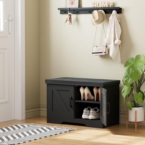 HOMSHO 2-Tier Storage Bench, 27.6" Wide Shoe Bench with Padded Seat Cushion, Entryway Bench with 2 Barn Doors and Adjustable Shelf, Black - color: Black, size: 27.6" Wide