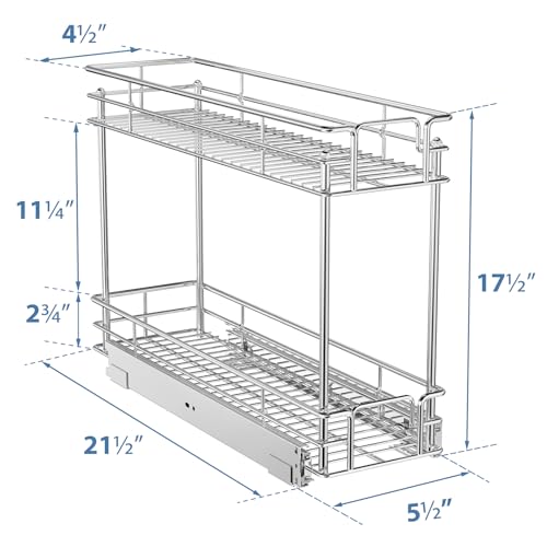 ROOMTEC Pull Out Spice Rack for Narrow Cabinet (5½" W X 21" D),2 Tier Slide Out Cabinet Organizer and Pull Out Shelves Under Cabinet Storage for Kitchen, Chrome - size: 5½" W x 21" D, 2 Tier