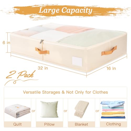 Criusia Under Bed Storage Bins with Clear PVC Lids – 2 Pack Large Underbed Organizers with Heavy-Duty Handles, Reinforced with 800G PP Panels & 80G Non-Woven Fabric – Waterproof & Foldable, Beige - color: 2 Pack Beige
