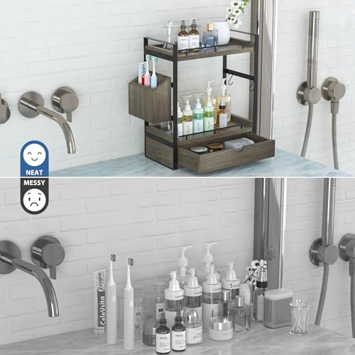 2-Tier Wood Bathroom Counter Organizer, Countertop Organizer with Drawer and Storage Basket, Bathroom Sink Organizer for Vanity, Skincare, Makeup, and Daily Essentials (Dark Brown) - color: Dark Brown