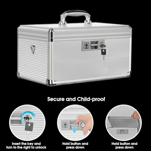 Medicine Lock Box with Key, Alluminum Alloy Box for Medication,First Aid Box with a Removeable Tray to Store Medicines & Pills for Home, Silver 14 * 8.46 * 7.48 Inch - color: Silver, size: Large-14inch