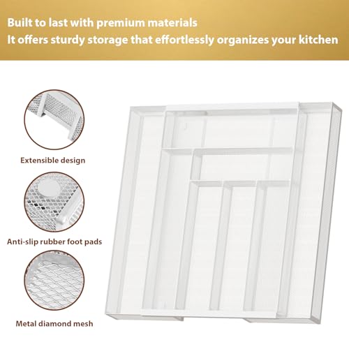Sedegn Silverware Organizer Metal Mesh, Large Drawer Organizer, Utensil Cutlery Tray for kitchen drawers, Expandable Flatware Organizer with 8 Compartment White 11.6"~20" x 17.3" - color: White, size: Expandable 11.6"~20" x 17.3"