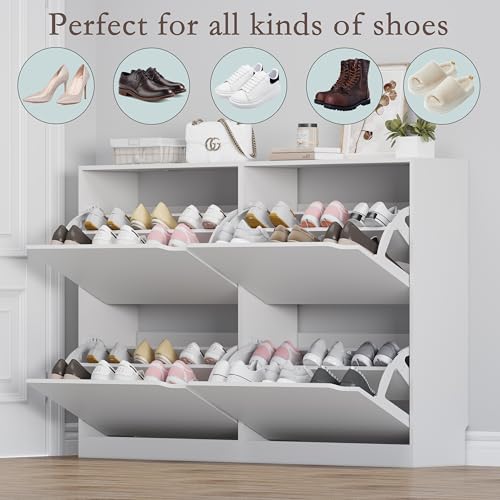 BORNOON Shoe Cabinet with 4 Flip Drawers, Narrow Hidden Shoe Storage Cabinet, Slim Freestanding Shoe Rack Organizer for Entryway, Hallway, Bedroom, Living Room - color: White, size: 4 Drawers