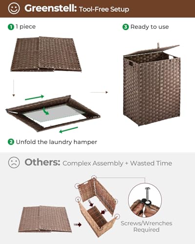 Greenstell Laundry Hamper with lid, No Install Needed, 90L Wicker Laundry Baskets Foldable 2 Removable Liner Bags, 2 Section Clothes Hamper Handwoven Rattan Laundry Basket with Handles, Brown - color: Brown, size: 90L (18.3x13.3x24.0 Inches)