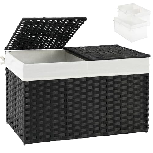 SETVSON Storage Basket with Lid Wicker Baskets for Storage with 2 Separate Lid 42.3 Gallon (160 L) 29.9 x 17.3 x 18.1 Inches Rattan Woven Large Wicker Basket with 2 Liners for Bedroom Laundry Black - color: Black, size: 160L-29.9L*17.3W*18.1H