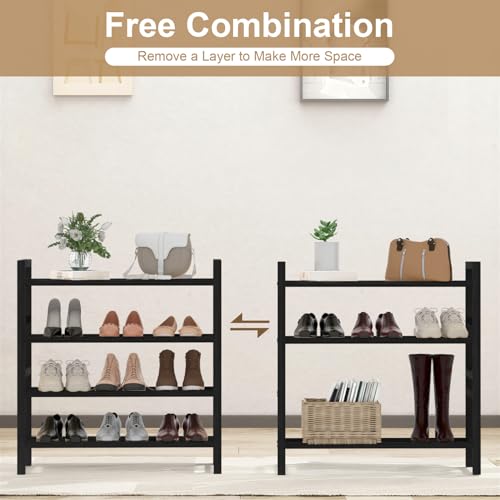 Haddockway Bamboo Shoe Rack for Closet, Free Standing Shoe Organizer with Smooth Round Rods & Convenient Handles, Stackable Shoe Storage Shelf for Entryway, Hallway(Black, 4-Tier(Small)) - color: Black, size: 4-Tier_Small