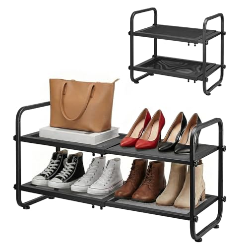 Expandable Shoe Rack for Closet - Shoe Organizer for Entryway, Adjustable Metal Shoe Storage, Stackable Long Shoe Stand Holder for Garage, Hallway, Door Entrance (Black, 2 Tier) - color: Black, size: 2 Tier