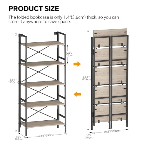 Homeiju Folding Bookshelf,5 Tier Bookcase Foldable Shelf with X-Bracket Design, Adjustable Feet, Space Saving Storage for Living Room, Office - color: Brownish, size: 5 Tier