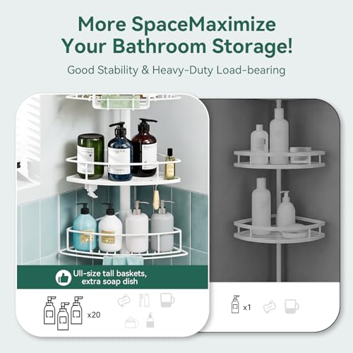 Corner Shower Caddy Tension Pole, 4 Tier Rustproof Shower Tension Rod Organizer, Adjustable 25-125 Inch Bathroom Shower Organizer Shelves for Bathtub Shampoo Storage, White - color: White