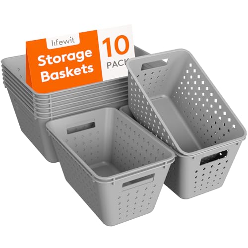 Lifewit Plastic Storage Basket for Organizing, 10 Pack Stackable Open Containers, Multi Size Storage Bins for Shelving, Pantry, Office and Cabinet, 6 Large and 4 Small Size, Gray - color: Gray, size: 6 Large and 4 Small