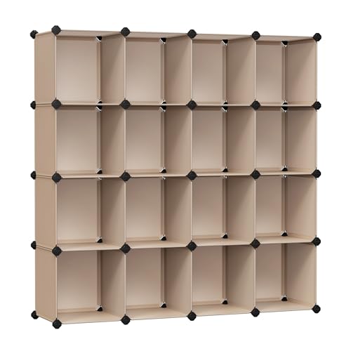 SONGMICS Cube Storage Organizer, Set of 16 Plastic Cubes, Book Shelf, Closet Organizers and Storage, Room Organization, Bedroom Living Room, 12.2 x 48.4 x 48.4 Inches, Camel Brown ULPC442K01 - color: Camel Brown, size: 16 Cubes, style: without doors