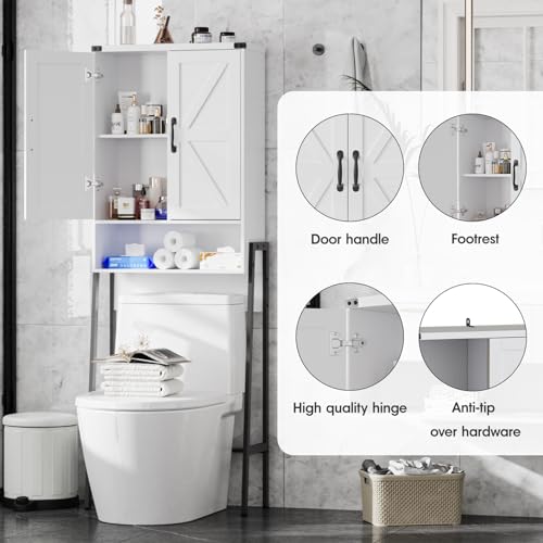 Over The Toilet Storage Cabinet with 2-Door Design Bathroom Organizers and Storage with Anti-Tip Device Over Toilet Organizer with Shelves for Bathroom,Restroom,Laundry White - color: White