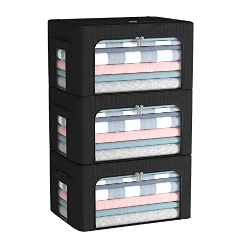 CYhom 3Pack Foldable Storage Bins - Frame Storage Box Linen Fabric Stackable Clothes Container Organizer with Clear Window & Carry Handles Large Capacity (Small-22L, Black) - color: Black, size: Small-22L