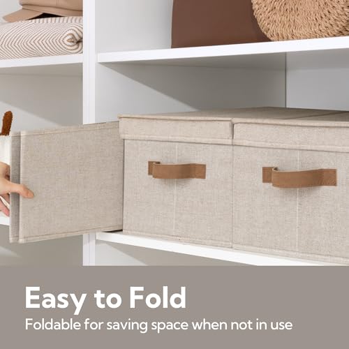 StorageWorks Storage Bins with Lids, Decorative Storage Boxes with PU Handles, Foldable Storage Baskets for Closet, Shelves, Stackable, Brown and Beige, Large, 3-Pack - color: Brown and Beige, size: Large