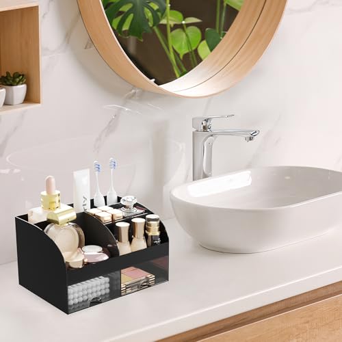 Makeup Organizer with 2 Drawers, Cosmetic Storage for Dresser Vanity and Bathroom Countertop,Make up organization and Skincare Storage with Beauty Brush Holder, Cosmetic Display Case (Black) - color: Black