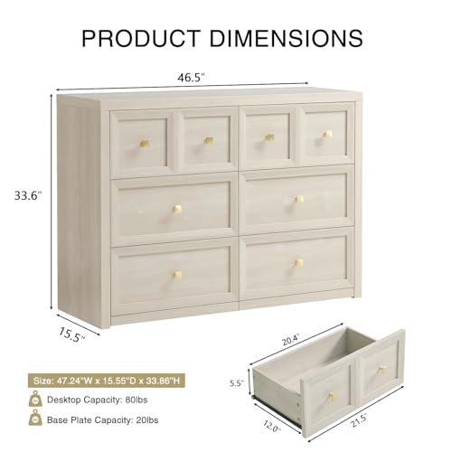 6 Drawers Dresser for Bedroom-46.5" Wide Wooden Chest of Drawers with Large Storage, Long Dresser TV Stand with Drawers, Farmhouse Closet Dressers for Living Room Bedroom, Grey White - color: Beige, size: 15.5"D x 46.5"W x 33.6"H (6 Drawers)