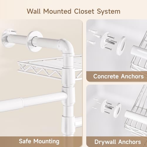 Wall Mounted Garment Rack, Walk-in Closet System with Expandable Rods, Adjustable Shelves, Industrial Pipe Clothing Racks, Hanging Clothes Organizers and Storage, Metal Closet Shelving Wardrobe - color: White