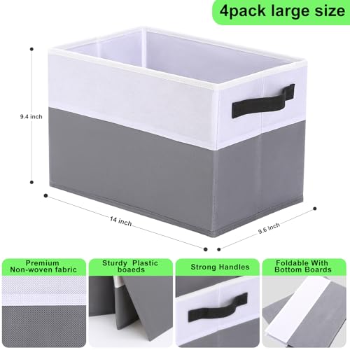 Large Shelf Storage Bins [4 Pack],Decorative Collapsible Storage Basket,Fabric Closet Organizer and Home Storage Cubes with Handles for Organizing Books, Clothes, Toys, Nursery（Grey） - color: Grey 4 Pack
