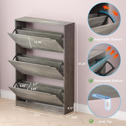 BORNOON Shoe Cabinet with 3 Flip Drawers, Hidden Wood Shoe Cabinet,Freestanding Shoe Storage Cabinet for Entryway Hallway - color: Grey, size: 3 Drawers