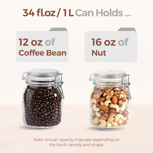 ComSaf 3-Pack Square Glass Coffee Canisters for 1lb Bean Bags, 34oz Airtight Jars with Clamp Lids for Tea, Sugar & Flour, Space-Saving Pantry Organization for Small Apartments & Coffee Station - size: 34oz*3