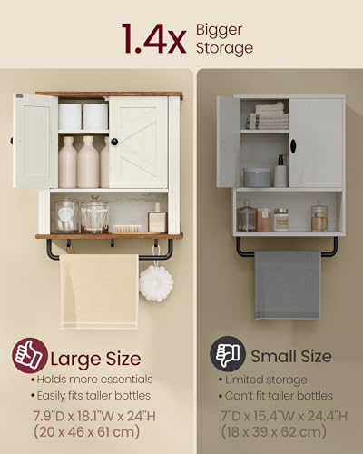 VASAGLE LIRY Collection - Bathroom Wall Cabinet, Farmhouse Wall-Mounted Medicine Storage Cabinet with 2 Barn Doors, Adjustable Shelf, Towel Bar, 7.9 x 18.1 x 24 Inches, Rustic White UBBK132W01S - size: 7.9"D x 18.1"W x 24"H